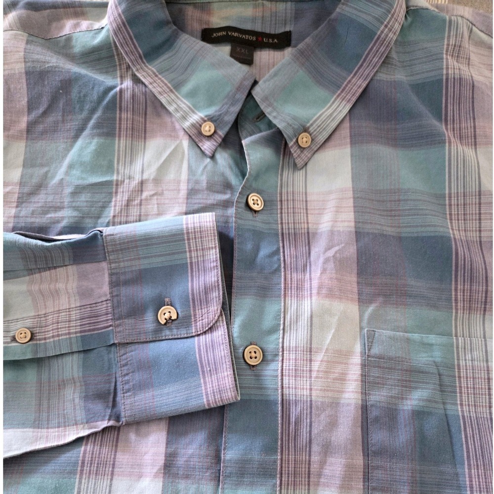 John Varvatos USA Plaid Blue Green Purple Long Sleeve Button Down Shirt Mens XXL